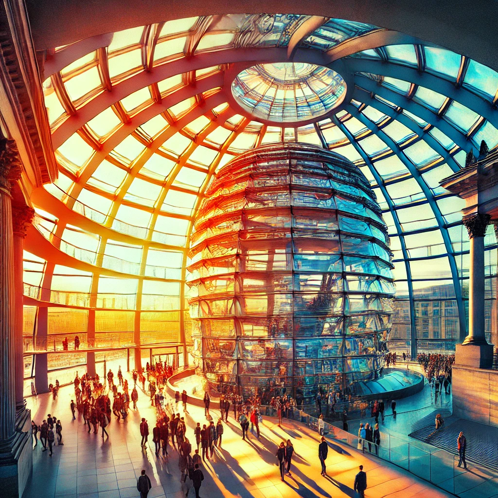 DALL·E 2024-11-11 23.16.27 - A vibrant image of Berlin's Reichstag building with its famous glass dome. The modern dome is illuminated by sunlight, showing visitors walking inside.webp