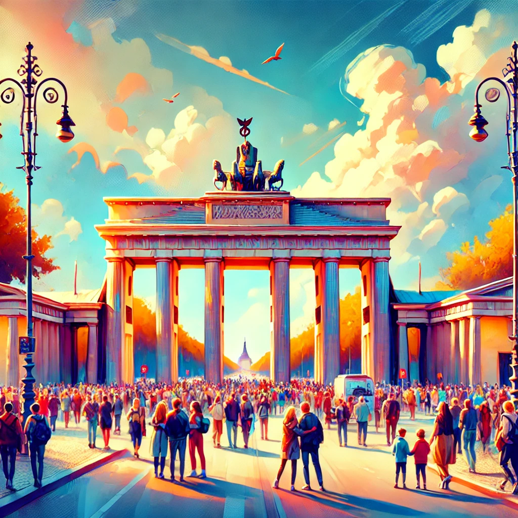 DALL·E 2024-11-11 23.16.34 - A vibrant image of the Brandenburg Gate in Berlin during daytime, surrounded by tourists and a clear blue sky. The iconic architecture stands tall and.webp